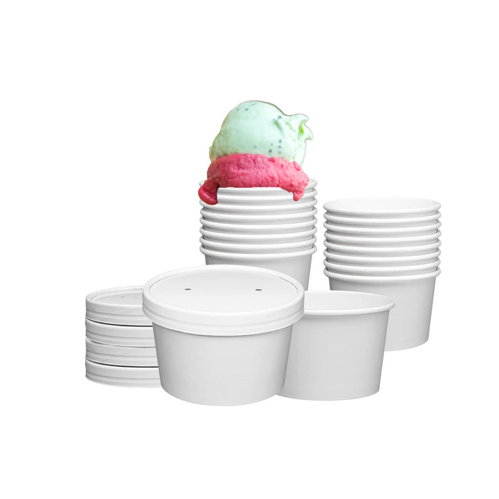 White Paper Food Containers With Vented Lids, To Go Hot Soup Bowls, Disposable Ice Cream Cups