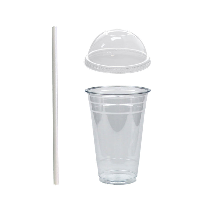 24oz Crystal Clear Plastic Cups With Dome lids and Paper Straws - For Summary Beverage