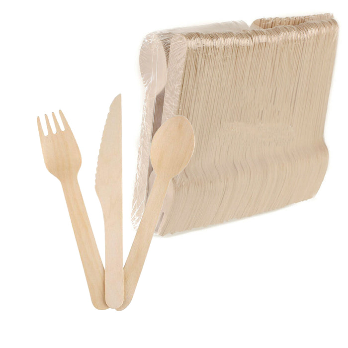 Disposable Wooden Cutlery Utensils Set 50 Forks 50 Knives 50 Spoons, 6-inch Eco-Friendly