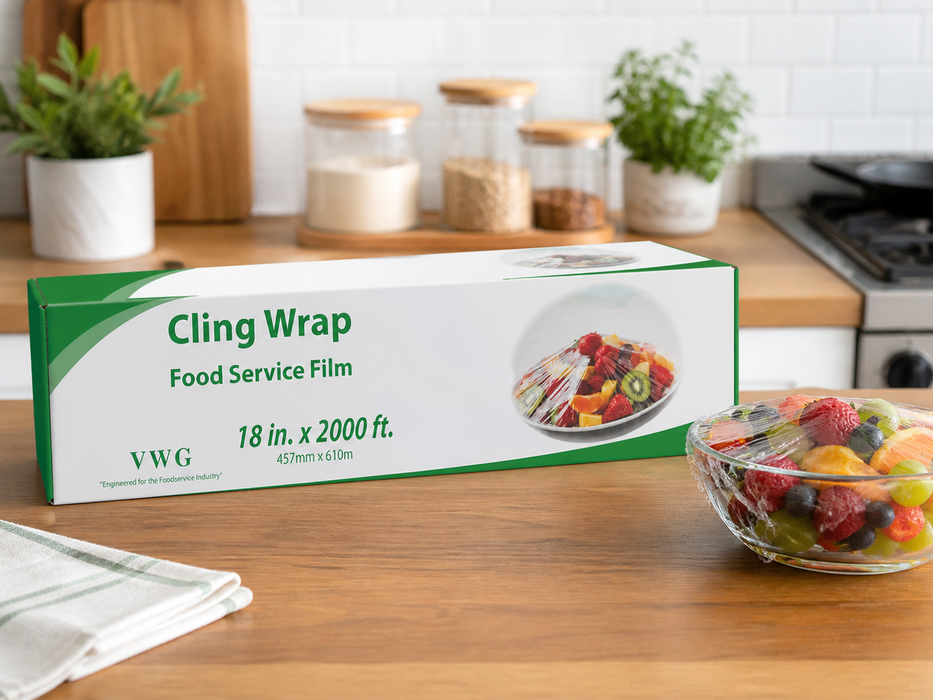 PVC Cling Wrap, 18" x 2000', 40 Gauge, with Cutter, Food Service Film Roll