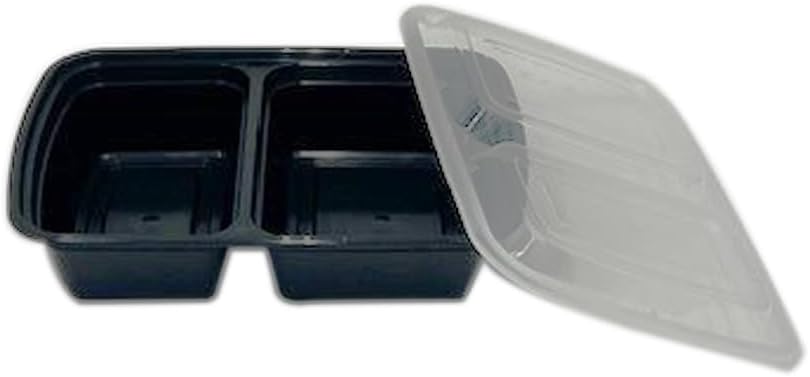 2-Compartment Food Containers with Clear Lids - Rectangular, 2“ depth, Black Microwavable Disposable Freezer - Safe BPA-Free Plastic Meal Storage, Combo Pack of 150 Sets - 30oz