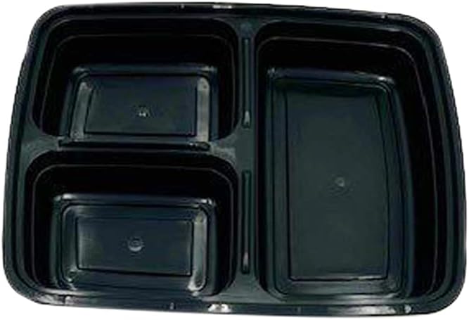 3-Compartment Food Containers with Clear Lids - Rectangular, 1.5“ depth, Black Microwavable Disposable Freezer - Safe BPA-Free Plastic Meal Storage, Combo Pack of 150 Sets - 33oz