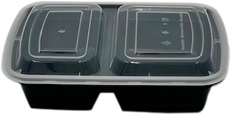 2-Compartment Food Containers with Clear Lids - Rectangular, 2“ depth, Black Microwavable Disposable Freezer - Safe BPA-Free Plastic Meal Storage, Combo Pack of 150 Sets - 30oz