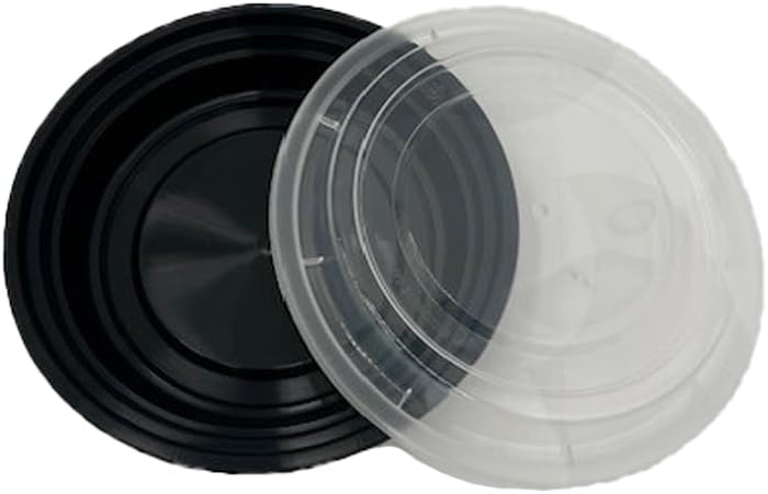 8oz Food Prep Containers with Black Base & Clear Lids - 6” Round & 1" Depth Microwavable Disposable Freezer-Safe BPA-Free Plastic Meal Storage, Combo Pack of 150 sets