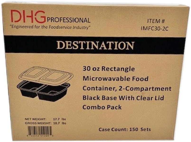 2-Compartment Food Containers with Clear Lids - Rectangular, 2“ depth, Black Microwavable Disposable Freezer - Safe BPA-Free Plastic Meal Storage, Combo Pack of 150 Sets - 30oz