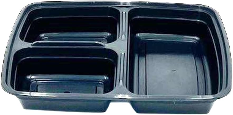 3-Compartment Food Containers with Clear Lids - Rectangular, 1.5“ depth, Black Microwavable Disposable Freezer - Safe BPA-Free Plastic Meal Storage, Combo Pack of 150 Sets - 33oz