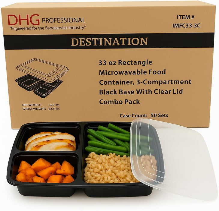 3-Compartment Food Containers with Clear Lids - Rectangular, 1.5“ depth, Black Microwavable Disposable Freezer - Safe BPA-Free Plastic Meal Storage, Combo Pack of 150 Sets - 33oz