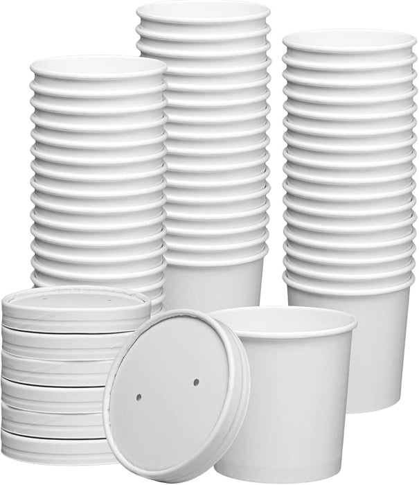 250 Sets White Paper Food Containers With Vented Lids, To Go Hot Soup Bowls, Disposable Ice Cream Cups