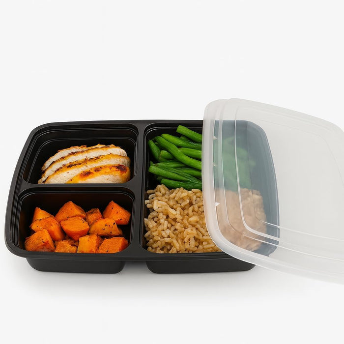 3-Compartment Food Containers with Clear Lids - Rectangular, 1.5“ depth, Black Microwavable Disposable Freezer - Safe BPA-Free Plastic Meal Storage, Combo Pack of 150 Sets - 33oz