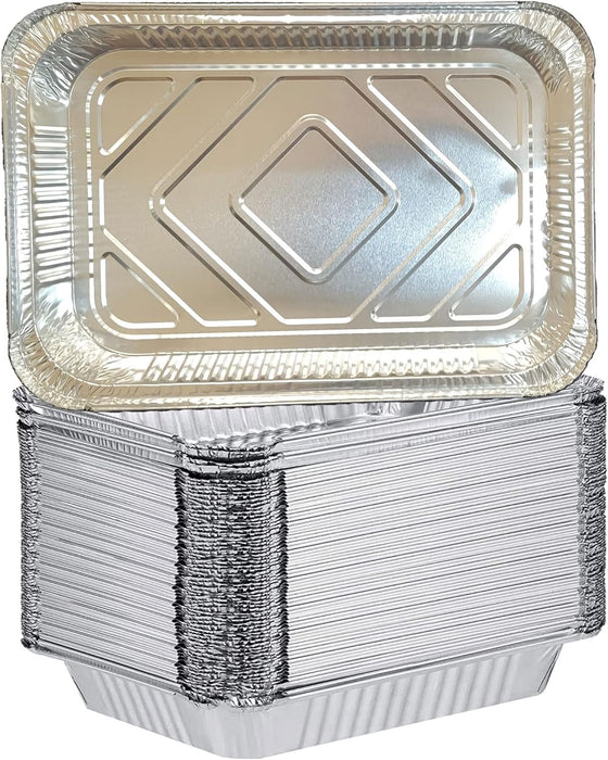 4 LB Foil Pans 12 x 8 x 1.6” Aluminum Trays and Plastic Dome Lids for Baking, Roasting, Broiling, Or Storage