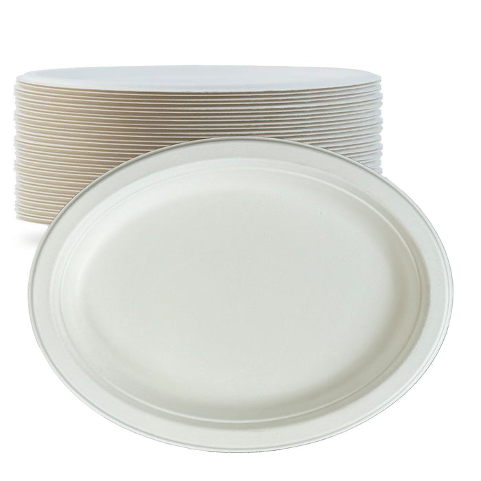 Pack of 125 Oval Plates Biodegradable Sugarcane Plates Microwavable Heavy Duty Large Plates