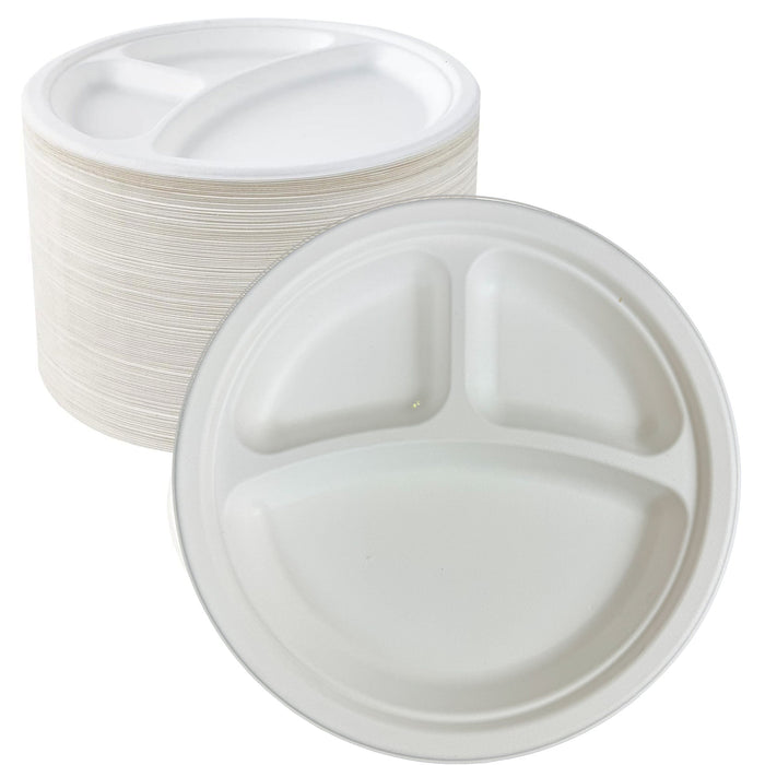 Case of 500 Counts 3 Compartment Paper Plates, Eco-Friendly Sugarcane Bagasse Plates for Party Dinner, Heavy-Duty Disposable Biodegradable Paper Plates