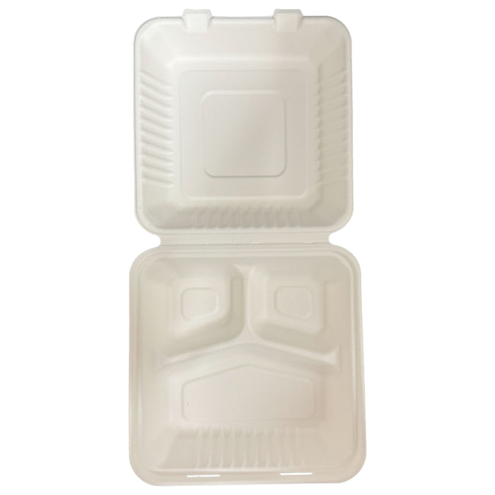 8 x 8 x 3 inches Bagasse 3-Compartment Disposable Hinged Containers 200 Pack Sugarcane Biodegradable Take out Bento Box