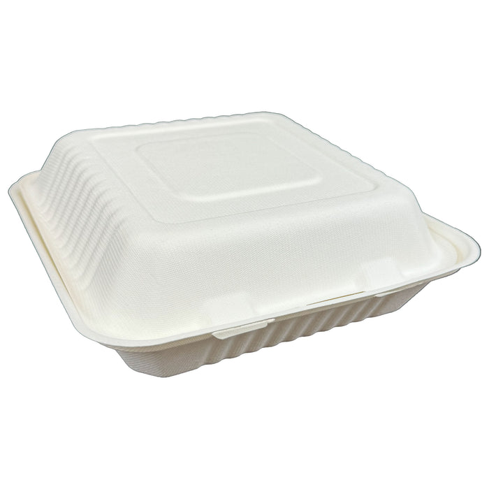 8 x 8 x 3 inches Bagasse 3-Compartment Disposable Hinged Containers 200 Pack Sugarcane Biodegradable Take out Bento Box