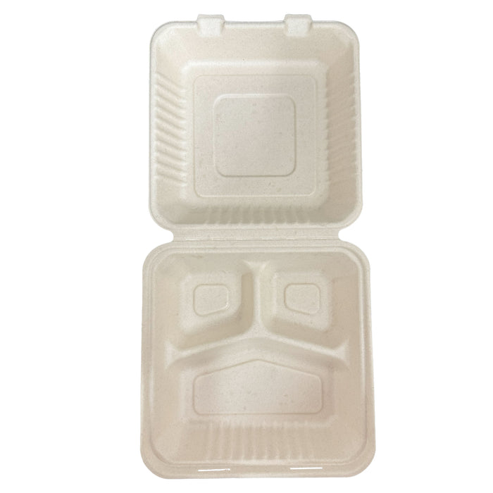 8 x 8 x 3 inches Bagasse 3-Compartment Disposable Hinged Containers 200 Pack Sugarcane Biodegradable Take out Bento Box