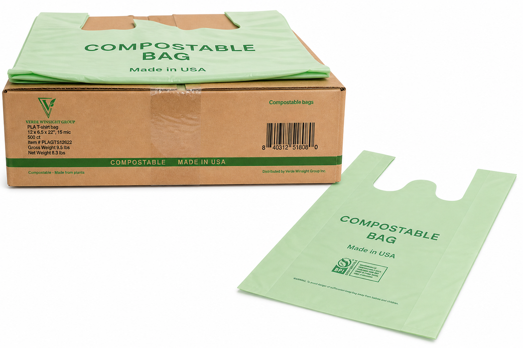 Pack of 500 Compostable T-Shirt Bags, Green, PLA, 12 x 6.5 x 22 Inch, 15 Mic, Made in USA