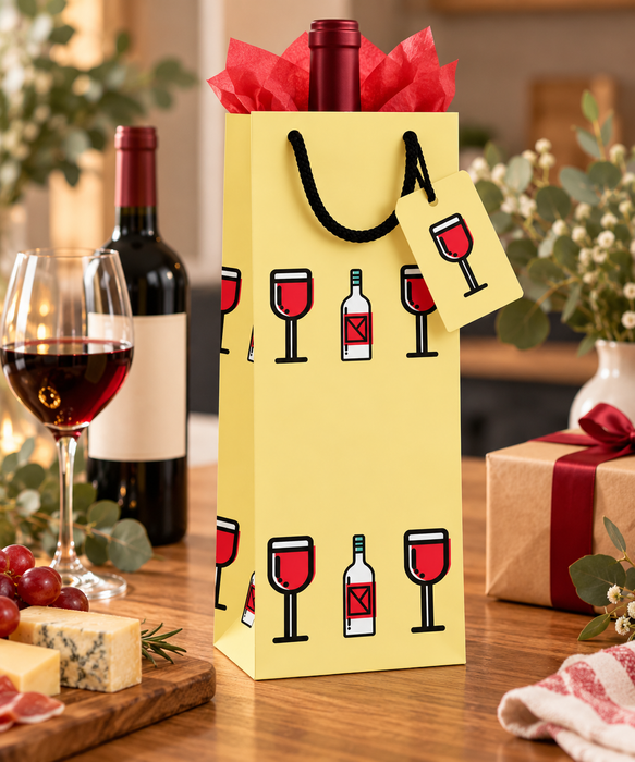 Wine Gift Bag with Gift Tag, Elegant Cream Paper Wine Bottle Bag with Red Wine Glass & Bottle Design, Paper Bag for Christmas, Holidays, Birthdays, Weddings & Special Occasions