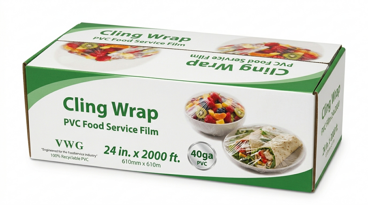 PVC Cling Wrap, 24" x 2000', 40 Gauge, with Cutter, Food Service Film Roll