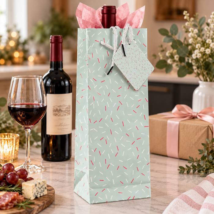 Mint Confetti Single Wine Bottle Gift Bag with White Rope Handles and Matching Gift Tag, Paper Bag for Christmas, Holidays, Birthdays, Weddings & Special Occasions