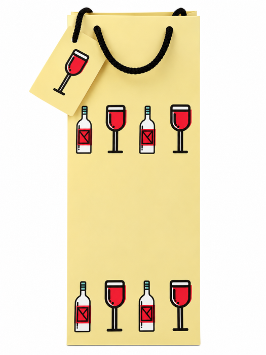 Wine Gift Bag with Gift Tag, Elegant Cream Paper Wine Bottle Bag with Red Wine Glass & Bottle Design, Paper Bag for Christmas, Holidays, Birthdays, Weddings & Special Occasions