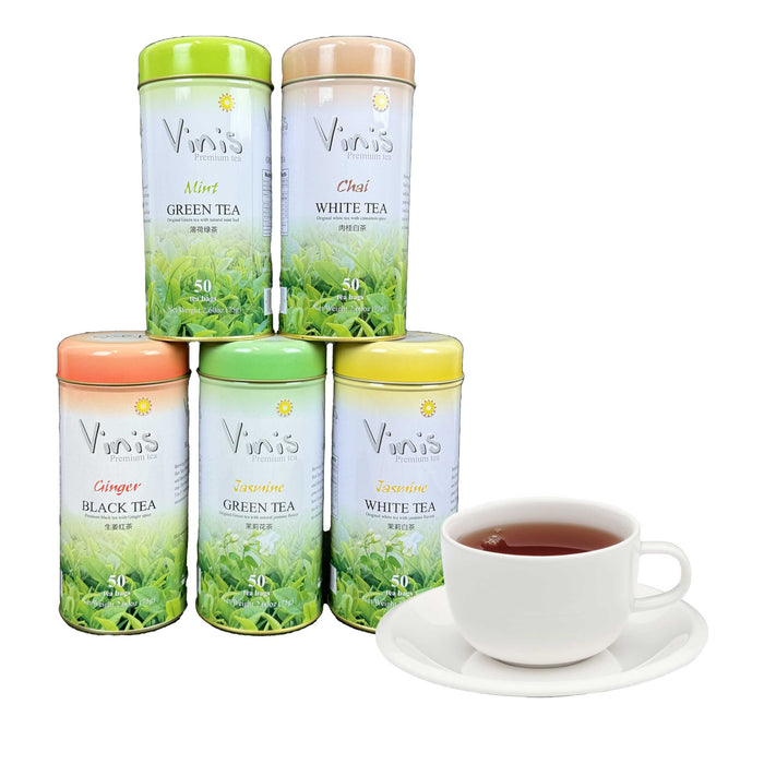 Vinis Variety Pack Tea Bags, 50 Count (Pack of 5) (Ginger Black Tea, Jasmine Green Tea, Jasmine White Tea, Mint Green Tea, Chai White Tea) 250 Total Tea Bags