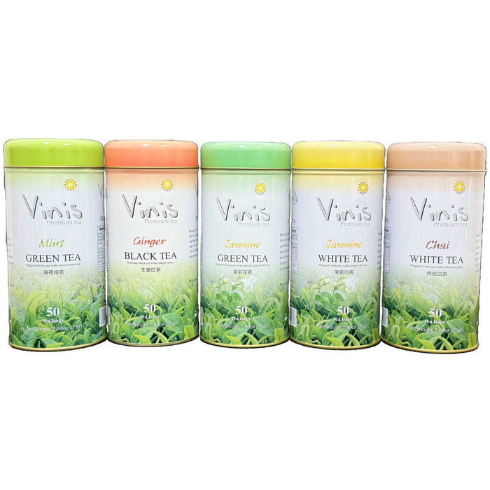 Vinis Variety Pack Tea Bags, 50 Count (Pack of 5) (Ginger Black Tea, Jasmine Green Tea, Jasmine White Tea, Mint Green Tea, Chai White Tea) 250 Total Tea Bags