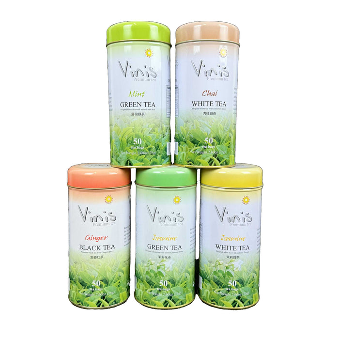 Vinis Variety Pack Tea Bags, 50 Count (Pack of 5) (Ginger Black Tea, Jasmine Green Tea, Jasmine White Tea, Mint Green Tea, Chai White Tea) 250 Total Tea Bags