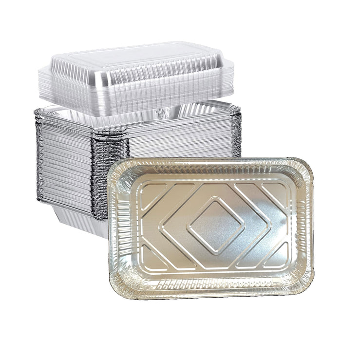 250 Sets 4 LB Foil Pans with Lids 12 x 8 x 1.6” Aluminum Trays and Plastic Dome Lids for Baking, Roasting, Broiling, Or Storage