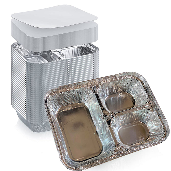 250 Sets Disposable Aluminum Foil Tray with Paper Board Lids – 3 Compartment Foil Pan 8.75" x 6.5" X 1.5"