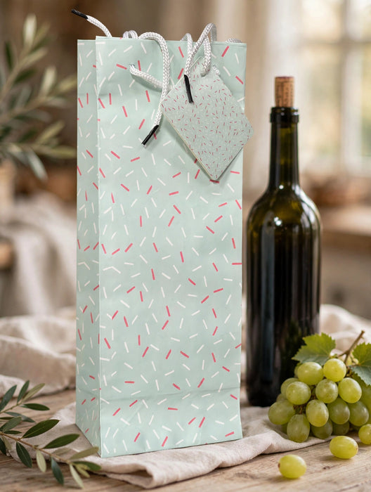 Mint Confetti Single Wine Bottle Gift Bag with White Rope Handles and Matching Gift Tag, Paper Bag for Christmas, Holidays, Birthdays, Weddings & Special Occasions