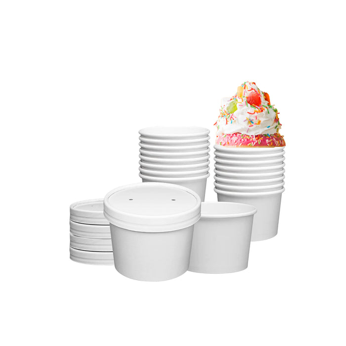 Custom print White Paper Food Containers With Vented Lids, To Go Hot Soup Bowls, Disposable Ice Cream Cups for your Custom Logo and Branding