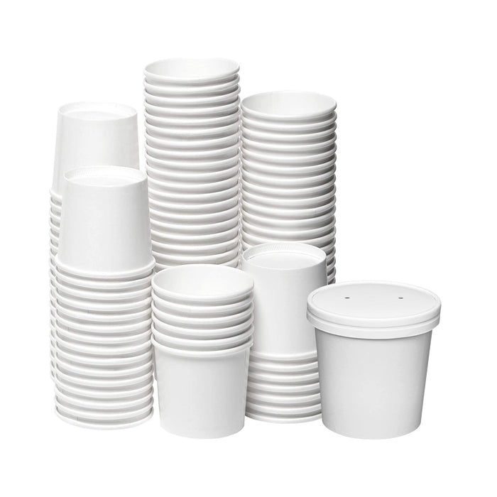 Custom print White Paper Food Containers With Vented Lids, To Go Hot Soup Bowls, Disposable Ice Cream Cups for your Custom Logo and Branding