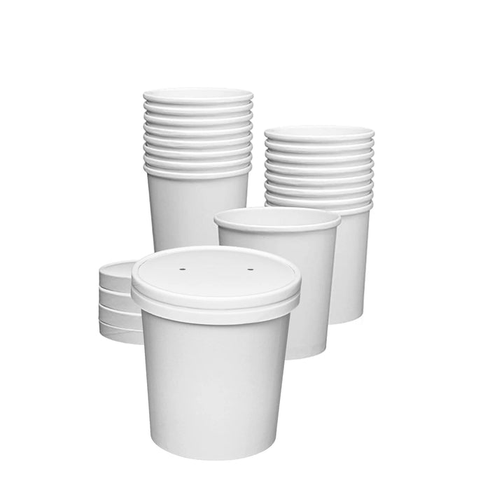 Custom print White Paper Food Containers With Vented Lids, To Go Hot Soup Bowls, Disposable Ice Cream Cups for your Custom Logo and Branding