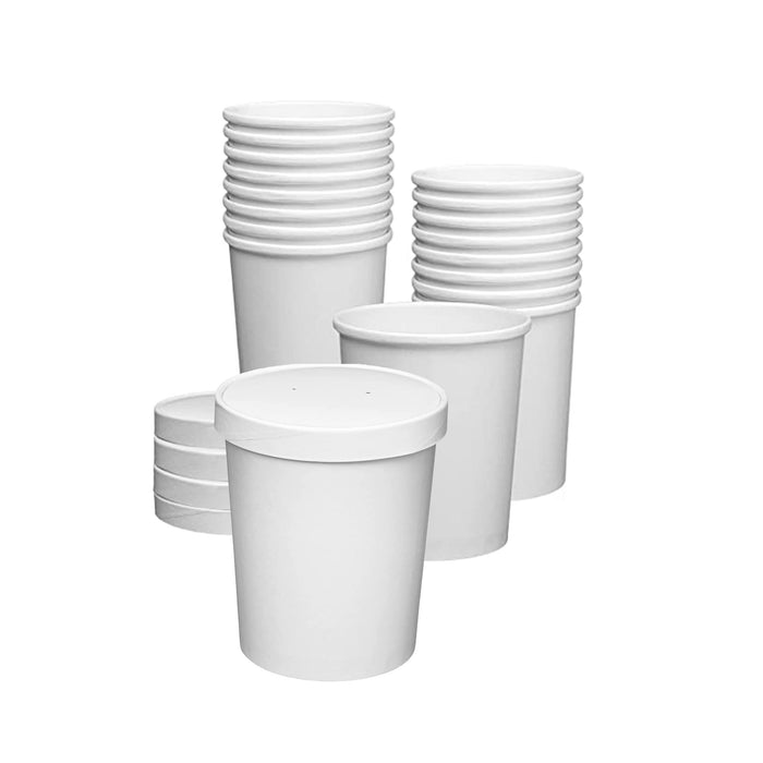 Custom print White Paper Food Containers With Vented Lids, To Go Hot Soup Bowls, Disposable Ice Cream Cups for your Custom Logo and Branding