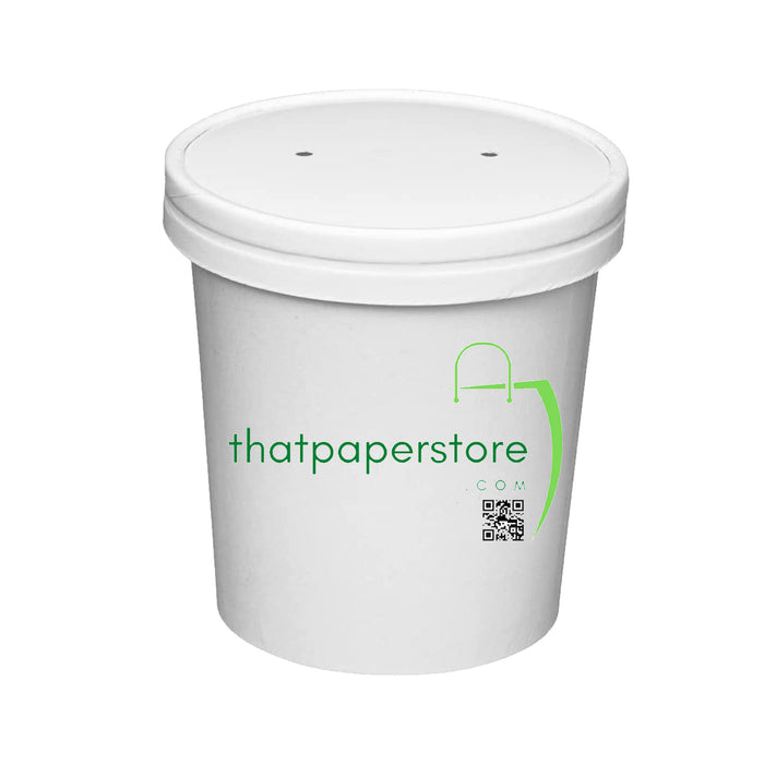 Custom print White Paper Food Containers With Vented Lids, To Go Hot Soup Bowls, Disposable Ice Cream Cups for your Custom Logo and Branding