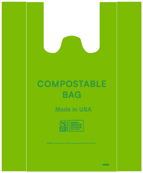 Pack of 500 Compostable T-Shirt Bags, Green, PLA, 12 x 6.5 x 22 Inch, 15 Mic, Made in USA