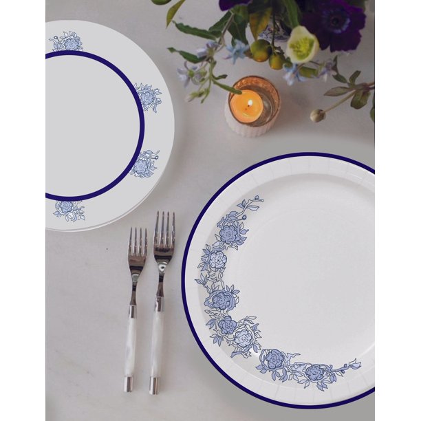 10 inch Beautifully Designed Blue Floral Paper Plates - Luxury Disposable Tableware