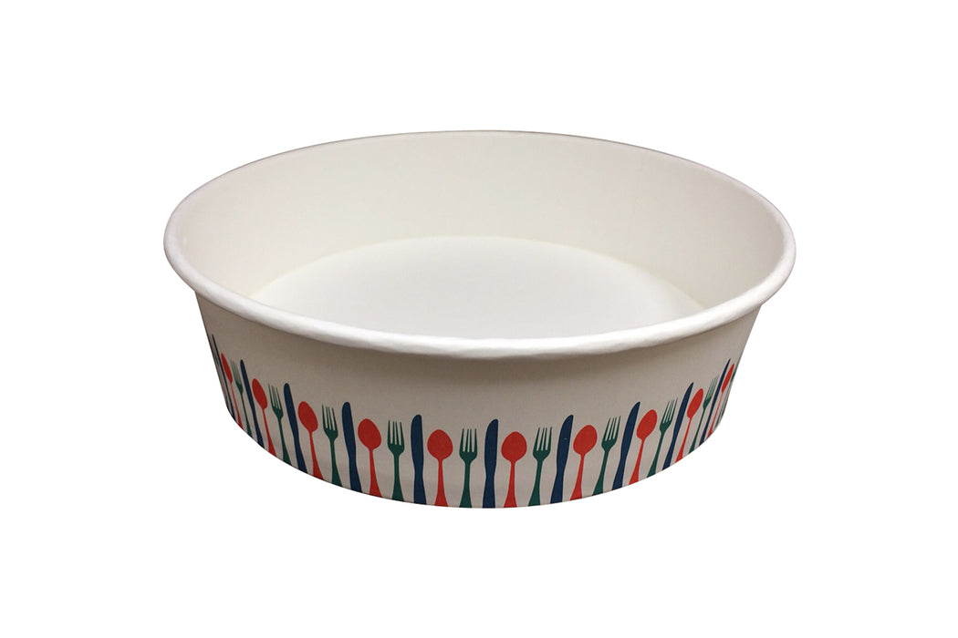 32oz Athena Paper Bowls Multi-Color Stock Print 6.40" diameter with Plastic Lids, OPS clear