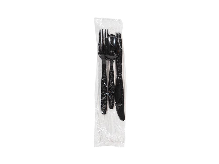 Heavy Weight Black Cutlery Kit - 250 Sets of Individually Wrapped Black Plastic Cutlery Packets