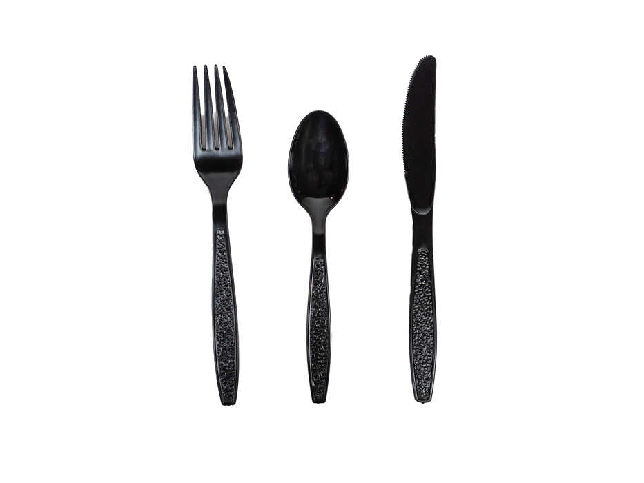 Heavy Weight Black Cutlery Kit - 250 Sets of Individually Wrapped Black Plastic Cutlery Packets