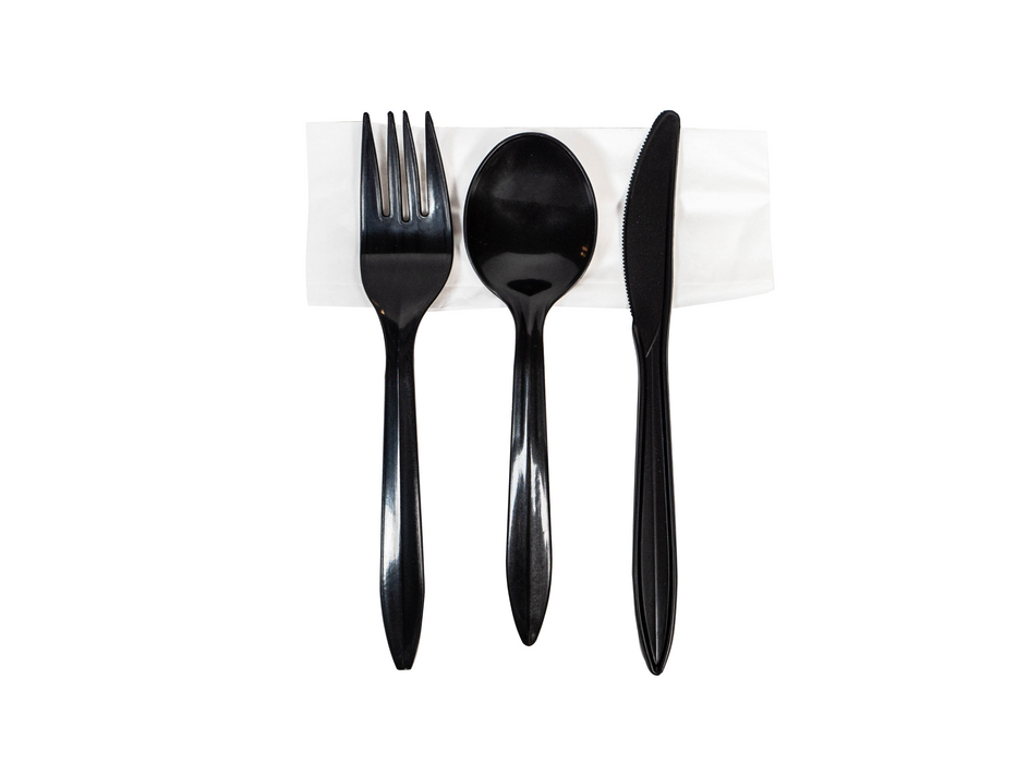 Medium Heavy Weight Black Cutlery Kit - 250 Sets of Individually Wrapped Black Plastic Cutlery Packets