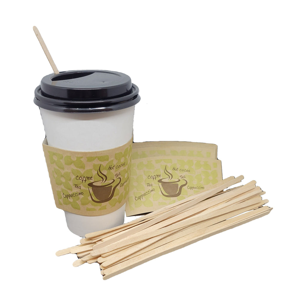 Comfy Package [100 Sets - 12 oz. Disposable Coffee Cups with Lids, Sleeves,  Stirrers - To Go Paper Hot Cups
