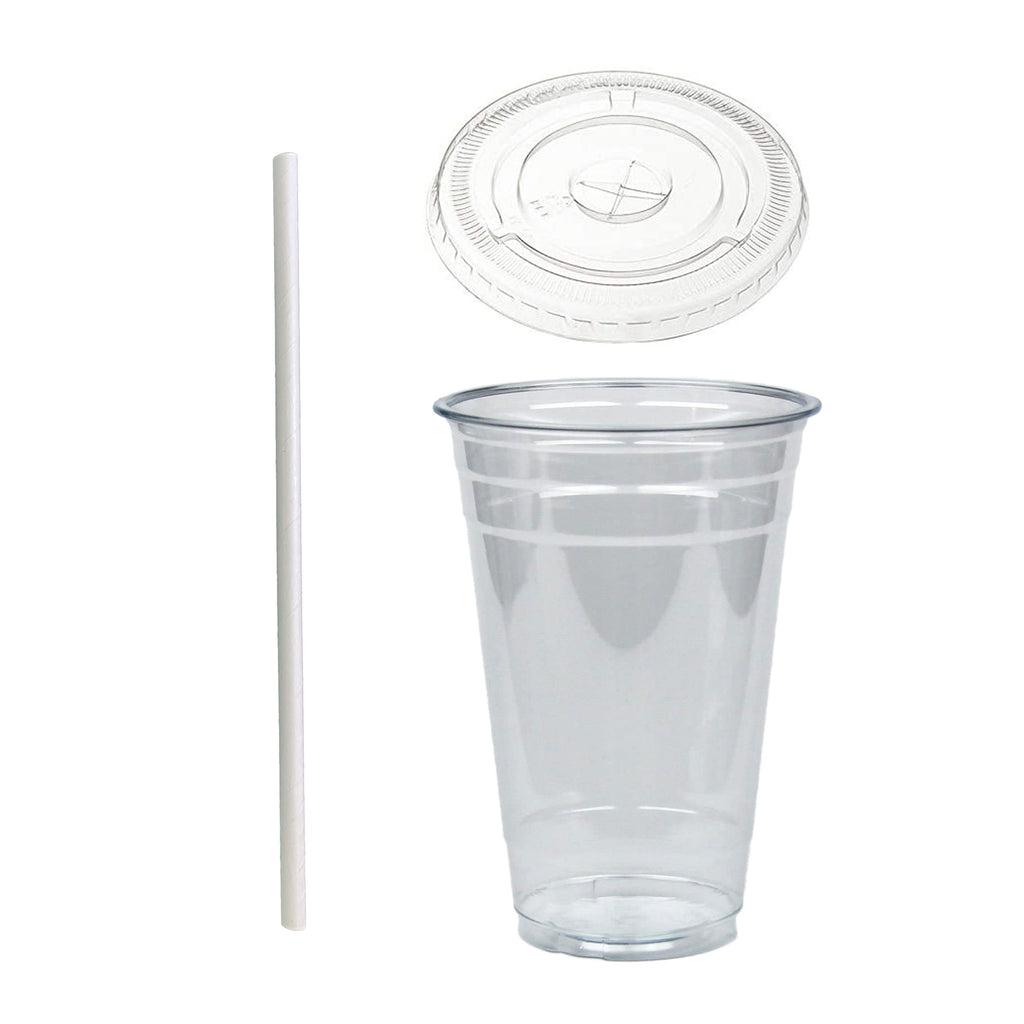 16 oz Crystal Clear Pet Plastic Cups with Flat Lids and Paper Straws (100)