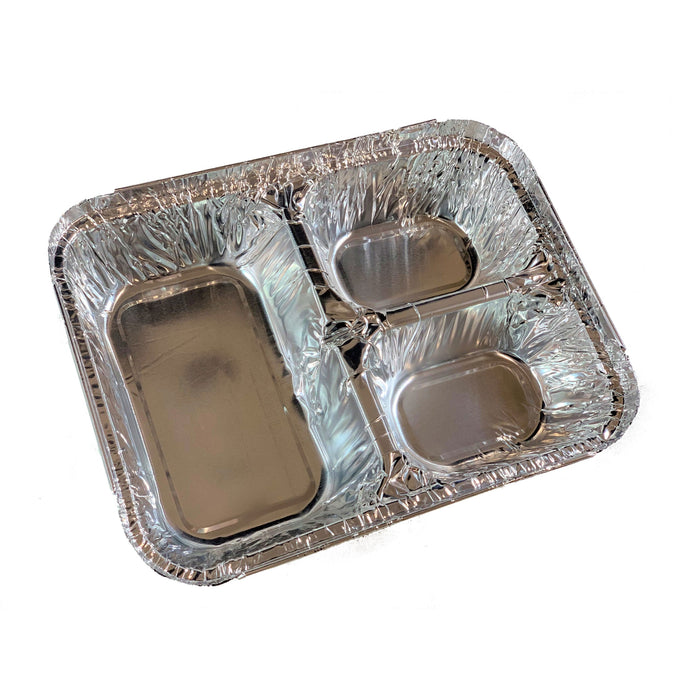 Disposable Aluminum Foil Tray with Paper Board Lids – 3 Compartment Foil Pan [Case of 250 Sets] Pan Size 8.75" x 6.5" X 1.5"