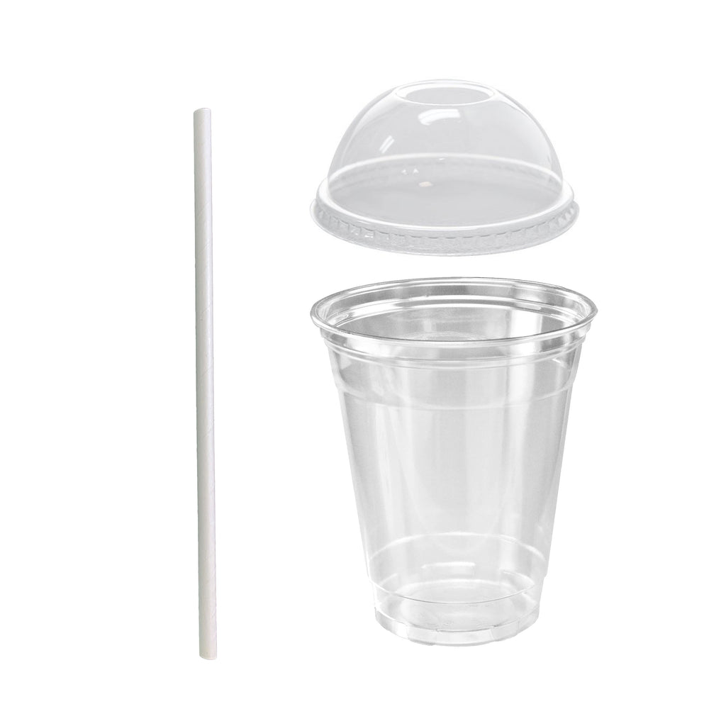 12oz Crystal Clear Plastic Cups With Dome lids and Paper Straws - For —  thatpaperstore